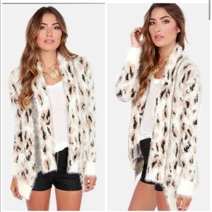 MINKPINK Zippora Cream Leopard Print Fuzzy Cardigan
